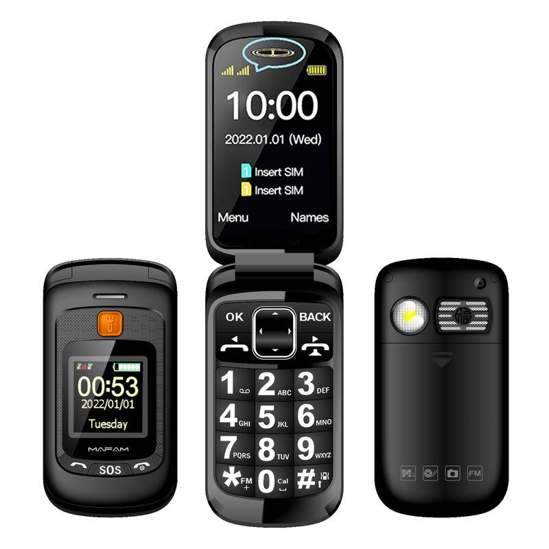 Mafam-Téléphone portable F899 pour seniors, écran plié, clé SOS, appel rapide, grand écran, torche russe, son fort, FM, facile