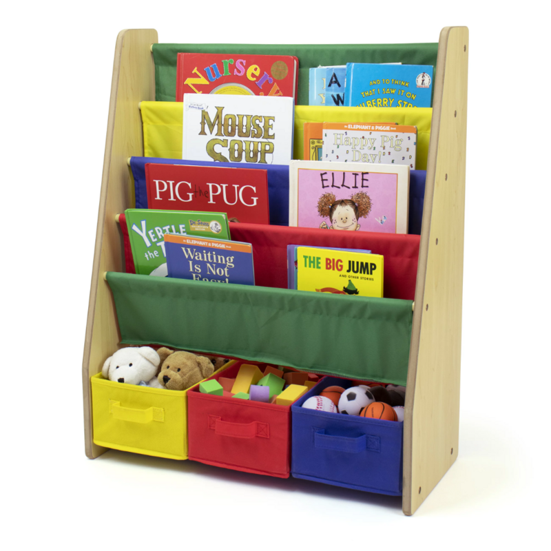 Kids Bookcase with 4 Shelves and 3 Fabric Bins, Natural Wood/Primary
