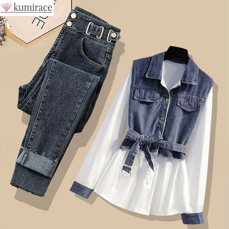 Conjunto de jeans de duas peças feminino, blusa casual, estilo versátil, moda coreana, estação primavera e outono, novo, 2024