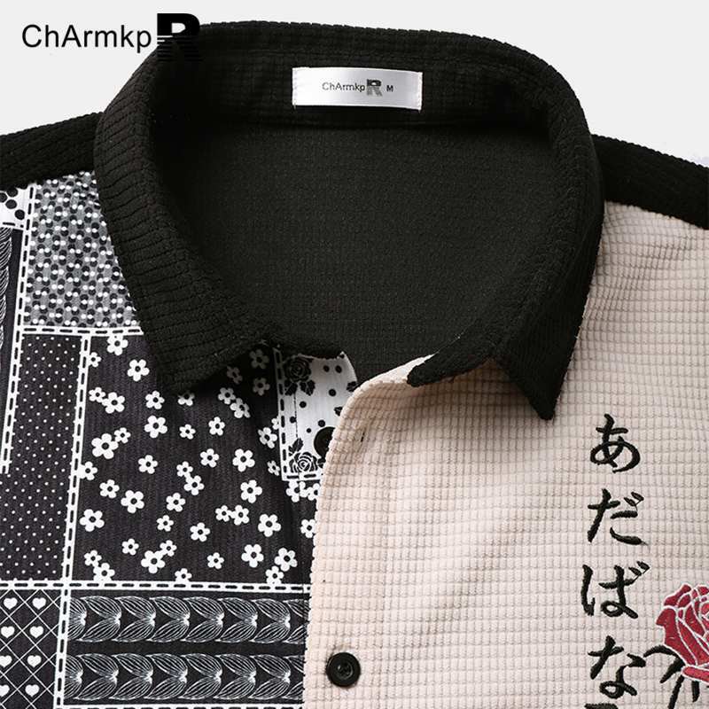 Fashion ChArmkpR Men's Sets Shorts Shirts Men Clothing 2024 Summer Short Sleeve Rose Embroidered Patchwork Corduroy Two Pieces