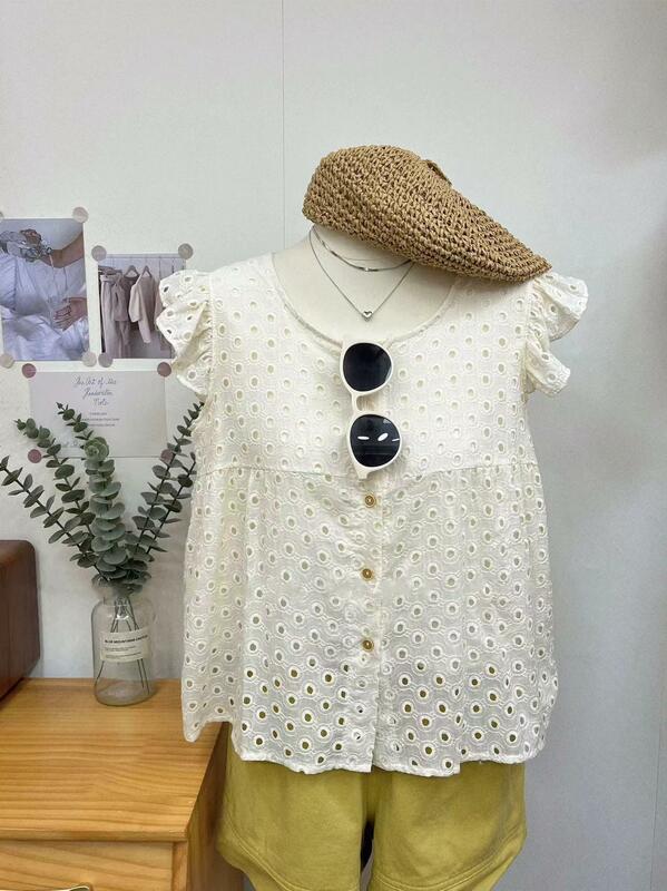 Cotton Casual Shirt Women New 2024 Summer Korean Style Round-neck Hollow Out Ladies Flying Sleeve Tops Shirts Blusa Camisa