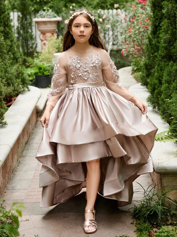 High Low Flower Girls Dresses With Long Sleeve Sweep Train Pageant Birthday Ball Gown Pageant Dresses For Girls