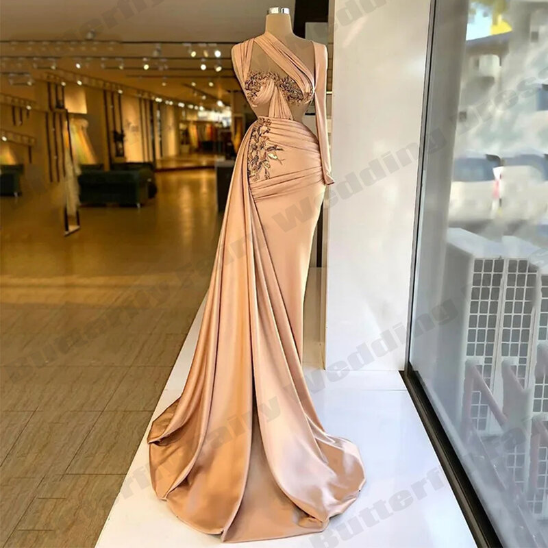 Gaun malam Formal pengiring warna sampanye 2023 gaun Prom bunga 3D lipatan bahu Satu gaun pesta selebriti baru Robe فساتين