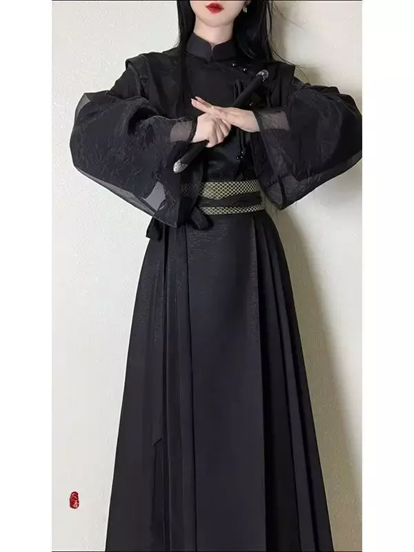 Conjunto Hanfu chino de dos piezas para mujer, traje femenino con botones de disco, Top Vintage de cintura alta, falda con cara de caballo, Otoño, 2023