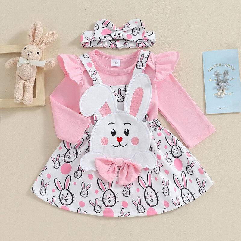 Carolilly Baby Girl Easter Outfit Ruffle maniche lunghe pagliaccetto con gonna e fascia con bretelle coniglietto