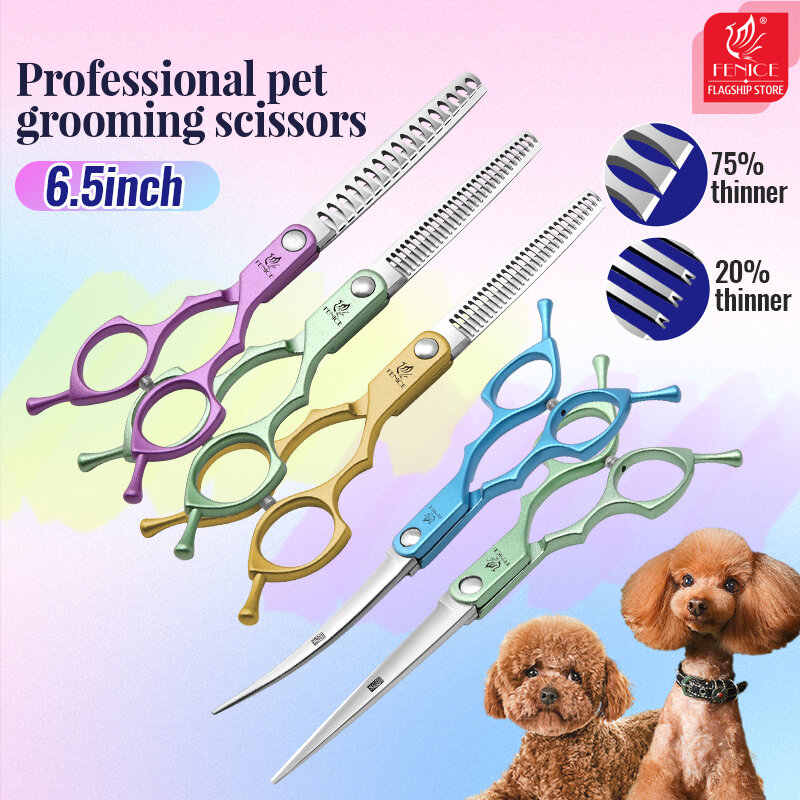Fenice Set gunting perawatan anjing profesional, Set alat cukur perawatan lurus & tipis & melengkung 6.5 inci tesoura wmark