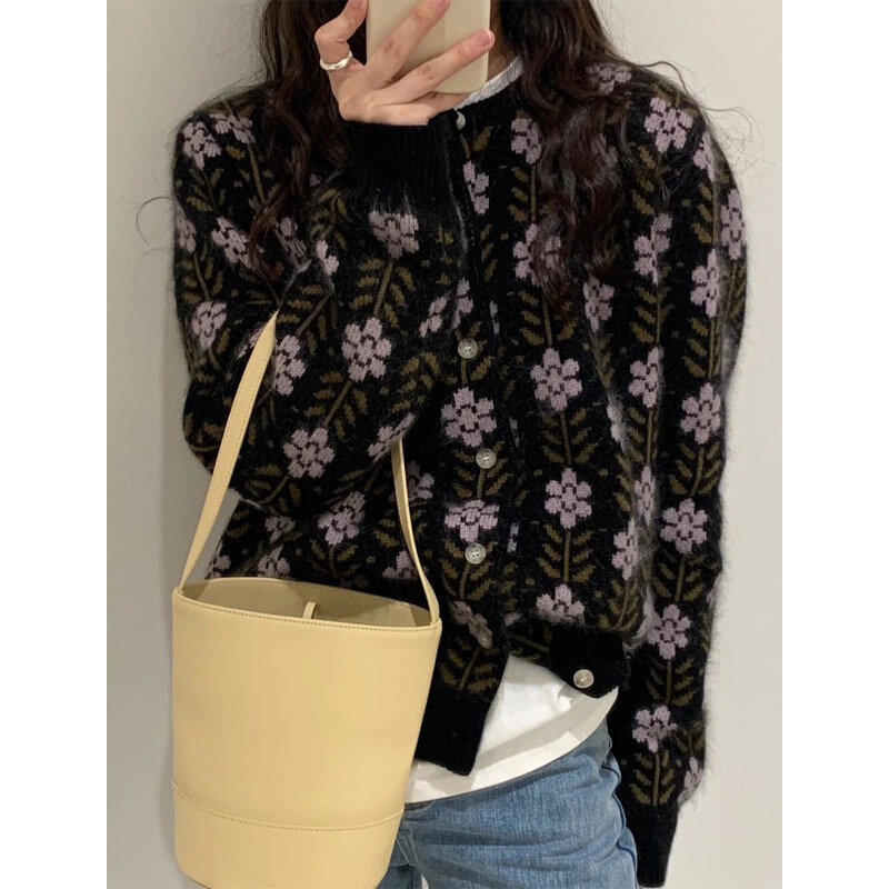 Koreańskie kwiatowe nadruki sweter dziergany damskie wiosna jesień Vintage długi jednorzędowy rękaw sweter damski w całości zapinana na guziki sweter