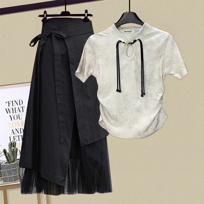 Ropa china para mujer, camiseta con botones Pan, informal, adelgazante, estilo chino, media falda, conjunto de dos, novedad de verano 2024