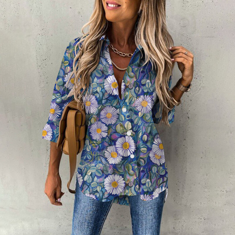 Damen neue Knopf Kragen Mode Sonnenblumen Print Langarm Shirt Boho Retro-Print T-Shirt Slim Top Casual Tops übergroß