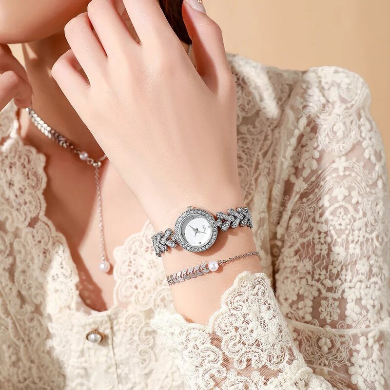 Kegllect-Reloj de pulsera de acero de 5 piezas para mujer, exquisito conjunto de joyería con borla de trigo, esfera pequeña, sin caja