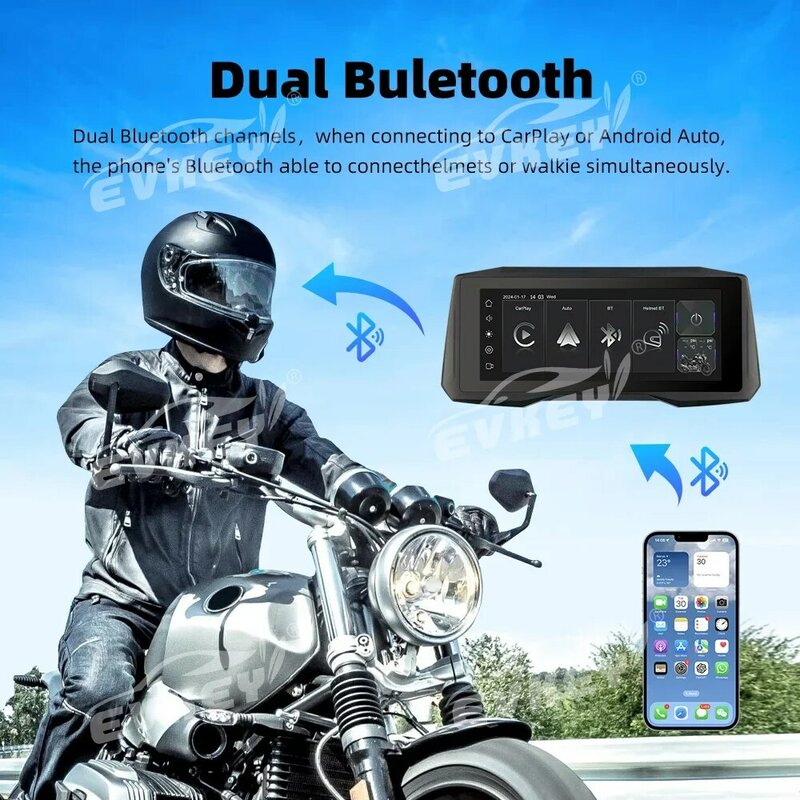 EVKEY 7inch Motorcycle CarPlay Navigation Wireless CarPlay Android Auto Airplay Display Screen Portable Motorcycle  Monitor
