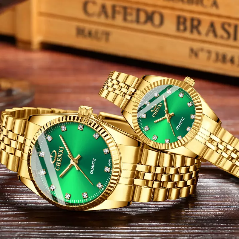Reloj de lujo dorado para hombre y mujer, pulsera minimalista de acero inoxidable, resistente al agua