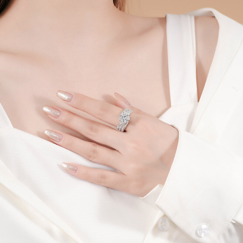 Mossan anel diamante de quatro pontas para mulheres, prata esterlina s925, anel de braço torção micro-embutidos, luxo europeu e americano, 3 carat