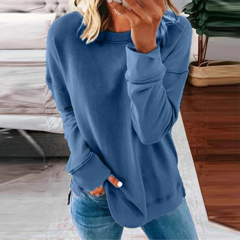 Sweter bertudung untuk wanita, Sweatshirt bertudung kasual lengan panjang warna polos kerah bulat, atasan Hoodie grafis modis untuk wanita