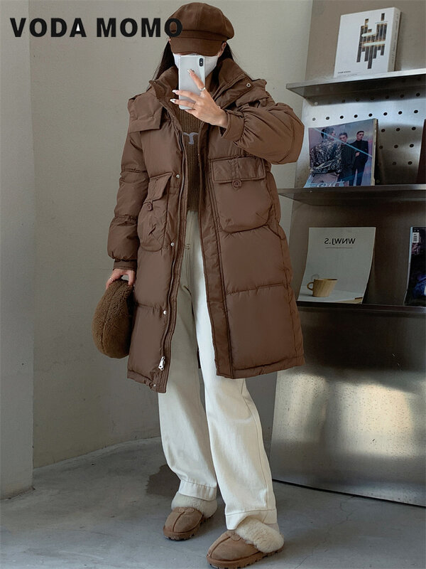 Abrigo largo con capucha para mujer, parka gruesa y cálida de Color liso, con bolsillos, a la moda e informal, para invierno