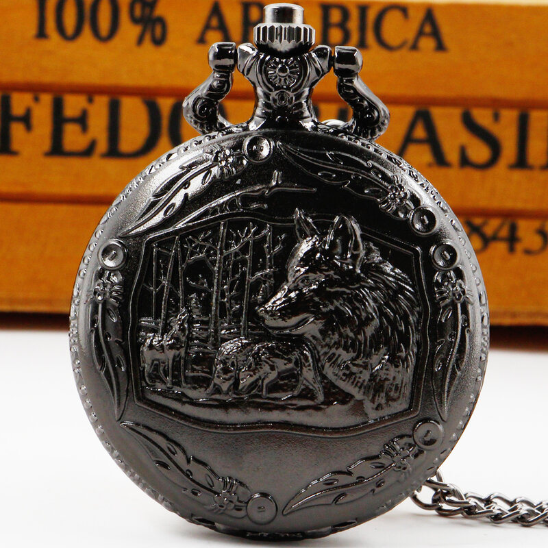 Reloj de bolsillo con diseño de lobo del bosque Steampunk, pulsera de cuarzo con esfera de números árabes, cadena antigua de cazador completo