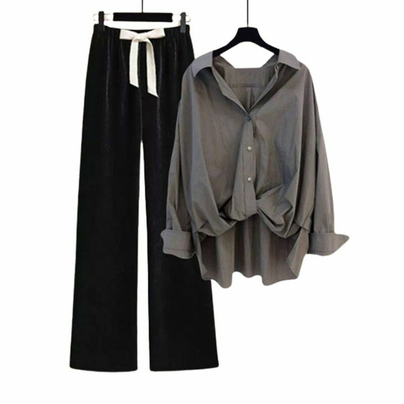 Conjunto versátil de camisa solta e calças largas para mulheres, conjunto emagrecedor de duas peças, estilo coreano, temporada primavera e outono, novo, 2024
