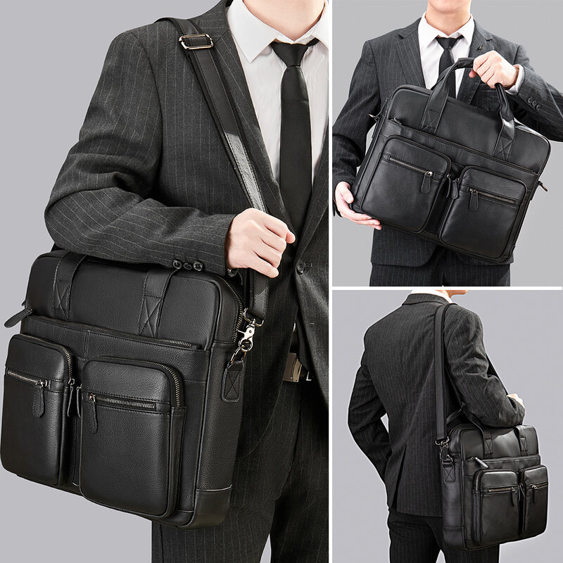 Genuine Leather Men's Briefcase Male Office Computer Bag Business Messenger 15.6"Laptop sac bandoulière homme