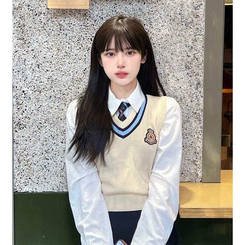Conjunto uniforme Jk melhorado para meninas, estilo japonês coreano, colete doce, camisa e saia de mangas compridas, estilo universitário, casual diário