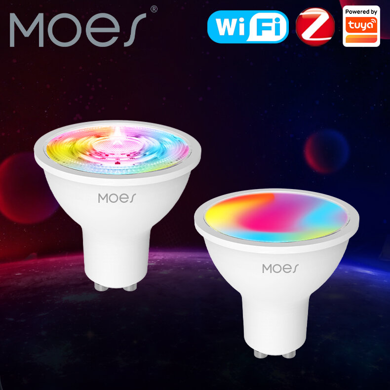MOES-bombillas LED inteligentes Tuya ZigBee GU10, lámparas regulables blancas RGB C + W, Control por aplicación Smart Life, voz Alexa/Google