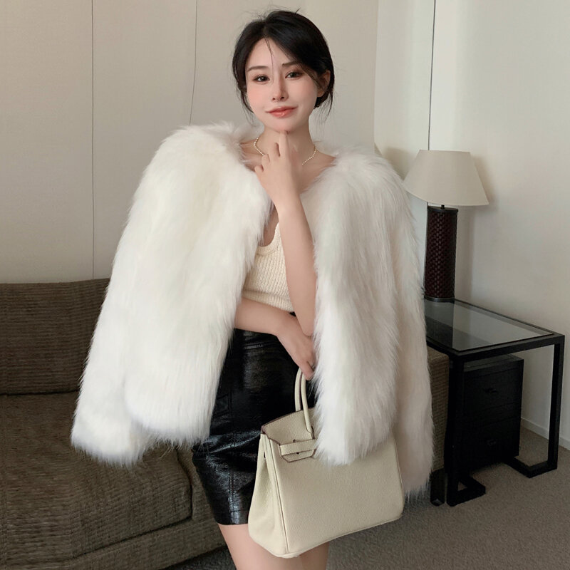 Mantel Bulu Palsu Mode Musim Dingin Mode Wanita Korea Mantel Bulu Solid Hangat Kardigan Mantel Luar Pendek Pakaian Pesta Wanita Elegan