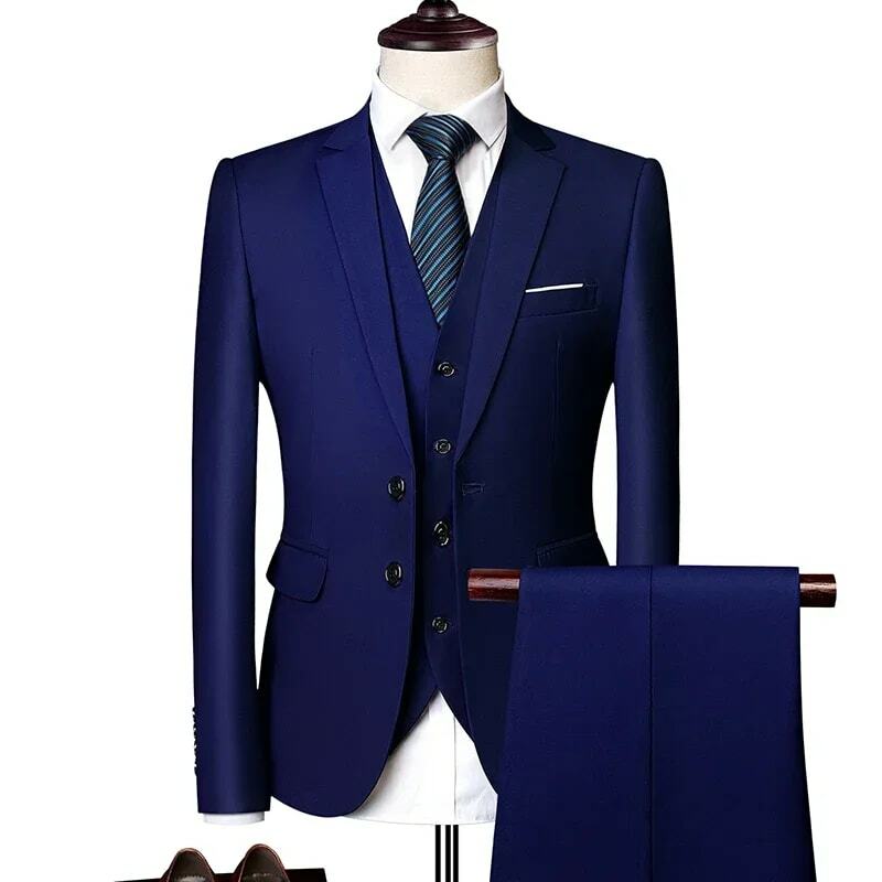 男性用の単色ビジネスブレザースーツセット,カジュアルなスリムフィット,フォーマルな結婚式のドレス,ジャケット,ベスト,パンツ,3ユニット
