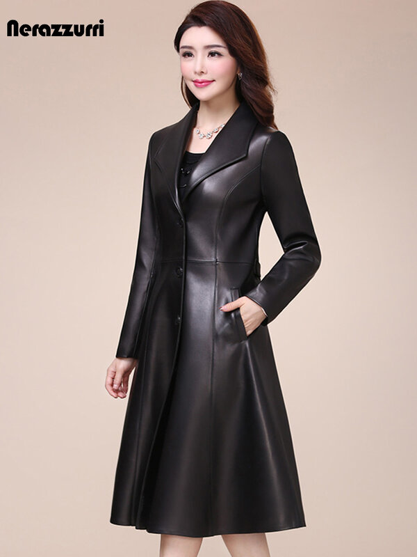 Nerazzurri Spring autumn long black soft faux leather coat women long sleeve buttons slim fit Elegant leather jacket women 2021