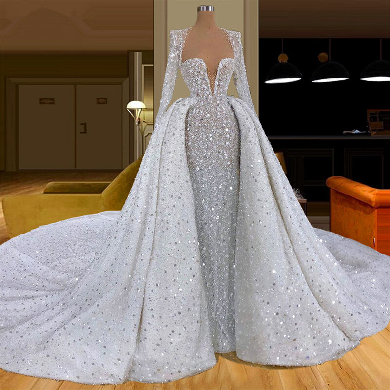Funken Sehen Durch Meerjungfrau Hochzeit Kleider Pailletten V-ausschnitt Brautkleider Nach Maß Dubai Abnehmbare Zug Vestido de novia