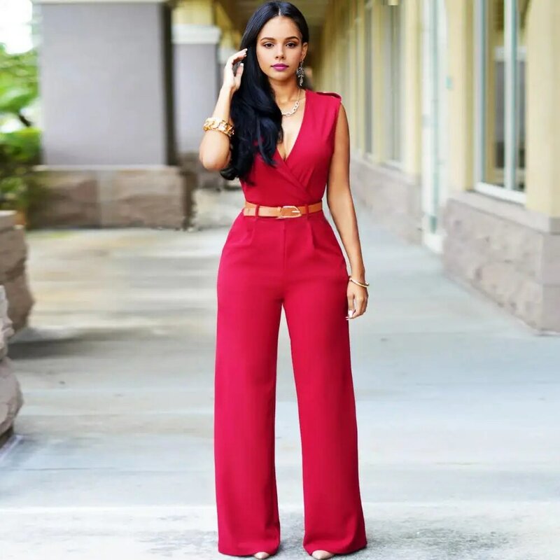 Casual Jumpsuit Elegant V-neck Sleeveless Jumpsuit with Belted Waist Wide Leg Office Party Romper Women's Casual Streetwear