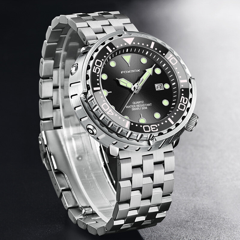 LIGE-Relógio de pulso de quartzo impermeável masculino com moldura de aço, relógio luminoso, relógio esportivo, caixa incluída, 5ATM