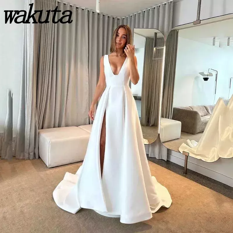 Wakuta-vestido de cetim feminino sem costas, decote em V profundo, vestido de noite, fenda alta, vestido de noiva, simples, sexy, 2024
