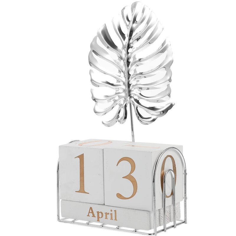 Garneck Wooden Block Perpetual Desk Calendar with Metal Palm Leaf Sculpture and Flip Calendar Pages for Tropical Themed Parties