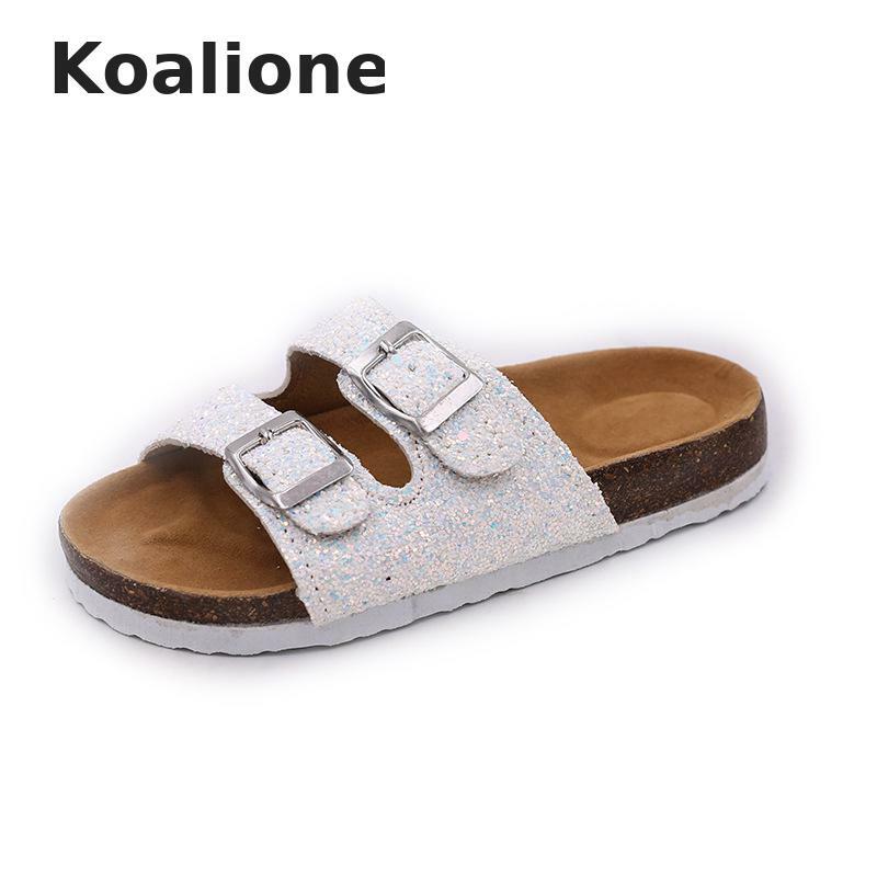 Zapatos de playa de verano para niñas, sandalias de corcho con lentejuelas brillantes, zapatillas descalzas de leopardo, alta calidad