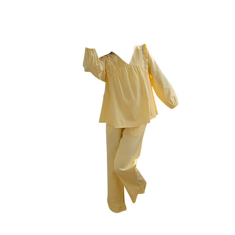 Пижама женская однотонная с длинным рукавом, Корейская версия, новый домашний комплект одежды, можно носить снаружи, из чистого хлопка