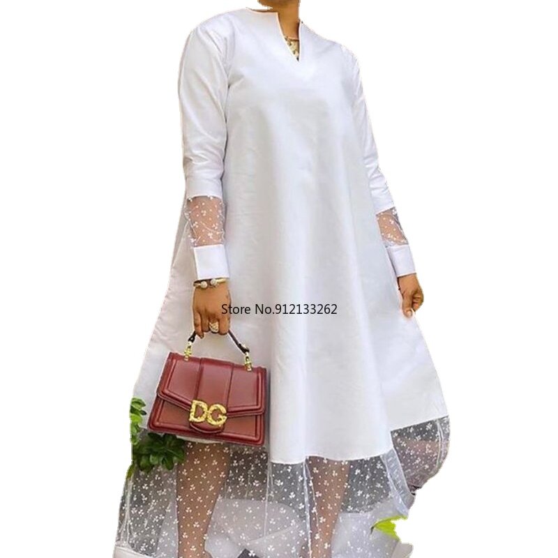 Summer Elegent African Women Long Sleeve V-neck Polyester White Long Dress African Dresses for Women S-3XL Maxi Dress