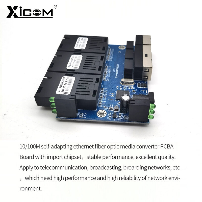 Placa de metro Ethernet de fibra de 100M, placa PCBA, convertidor de medios ópticos, 20km, 3 de fibra, 3 RJ45, compatible con RPOE, Simplex, SC