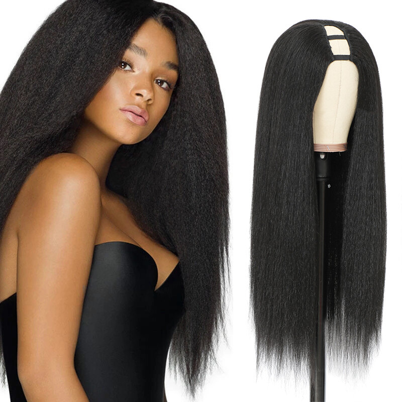 Kinky Straight U Part Wigs for Black Women 28inch Yaki Straight U Part Wig Synthetic Hair Short Black U Part Wig Kinky Straight