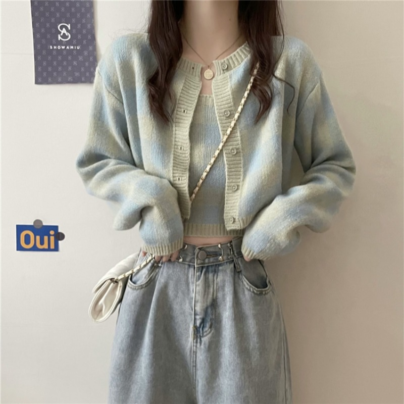 Women Sets Autumn Plaid Korean Style Comfortable Chic Single Breasted Minimalist All-match Knitting Sweet Hot Sale New College