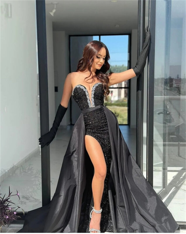 Black Formal Dress Strapless Sleeveless Sparkly Sequin Mermaid Lace Appliques Evening dress Detachable Train Prom Party Dress