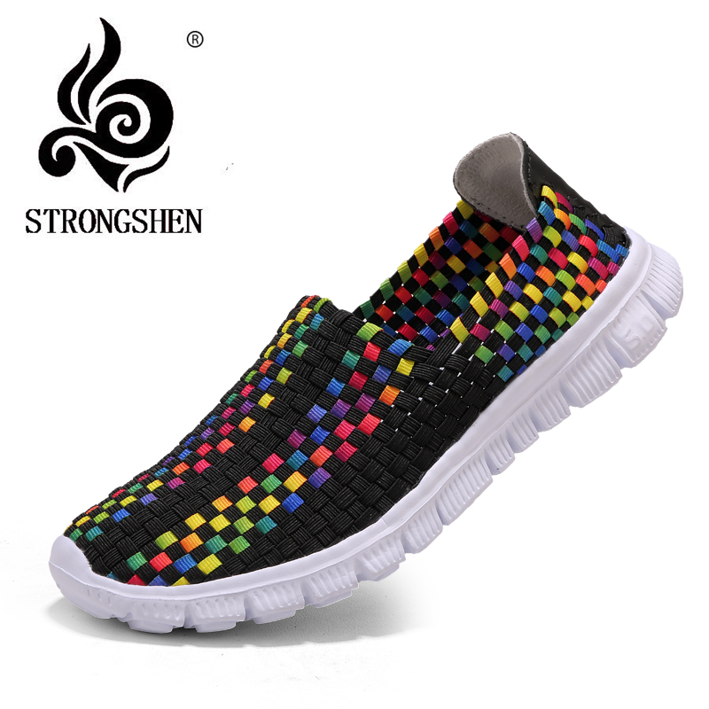 STRONGSHEN Women Shoes Summer Casual Flats Breathe Female Sneakers Woven Walking Shoes Slip On Ladies Loafers Handmade Shoes