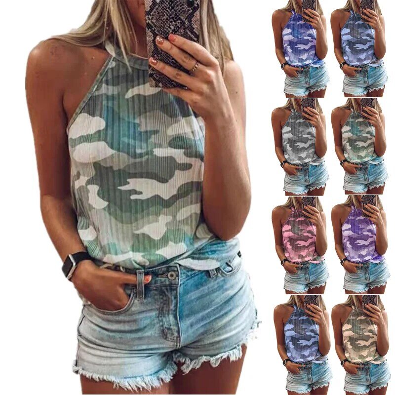 Summer Women's Camouflage Printing Sleeveless Halter Top Fashion Casual Versatile Female & Lady Tops Shirts