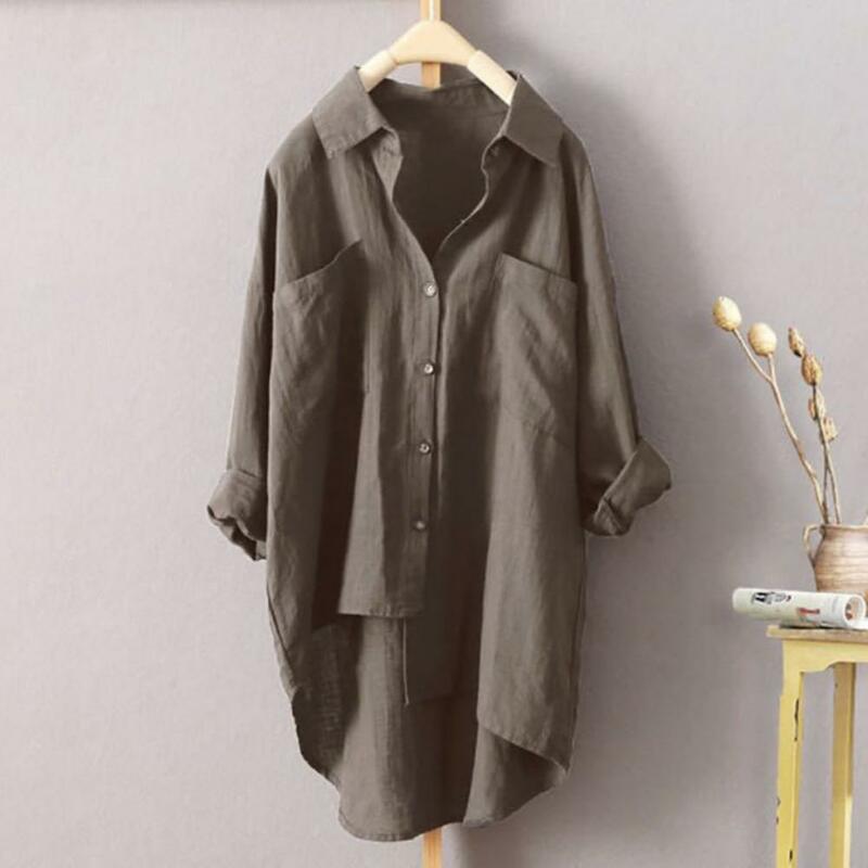 Women Shirt Loose Fit Long Sleeve Double Pockets Longer Back Hemline Casual Shirt for Daily Life