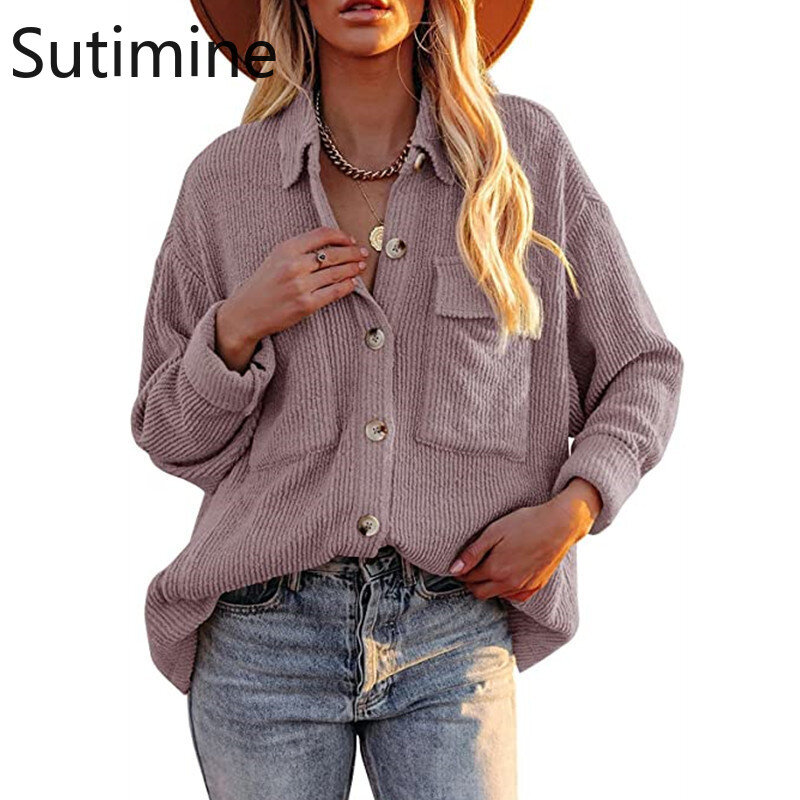 Chemise surdimensionnée en velours côtelé pour femme, vêtement ample avec boutons à revers et poches, manches longues, veste féminine, vente en gros, automne hiver