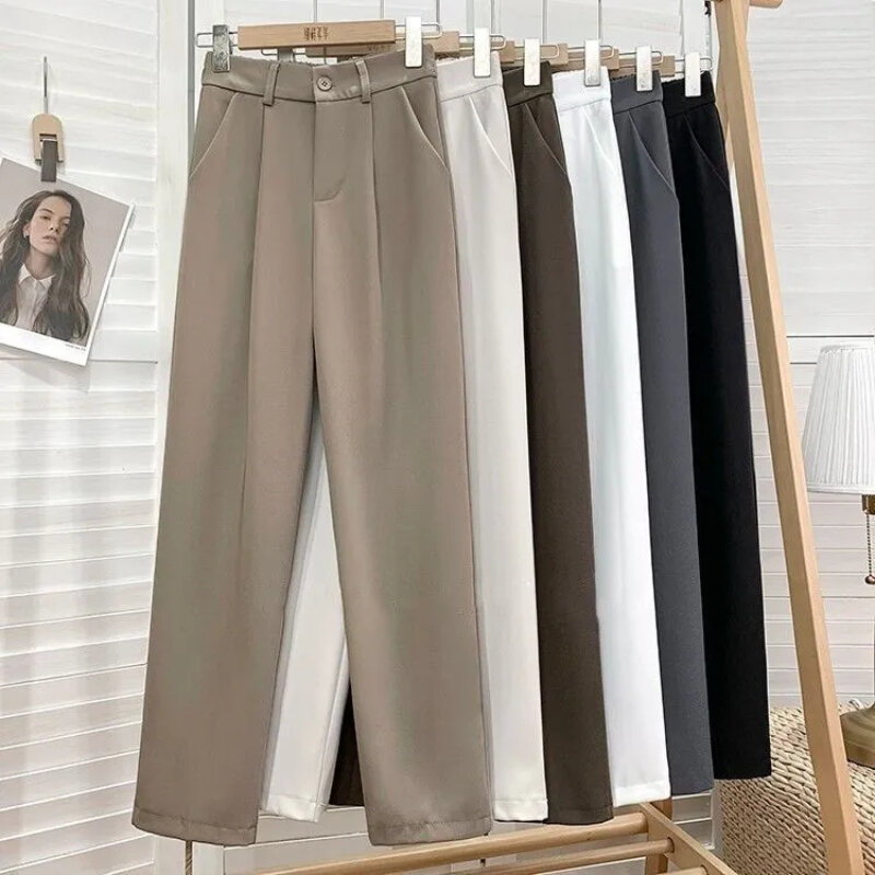 Modne elastyczne spodnie z wysokim stanem damskie 2023 wiosna na co dzień luźne solidne proste spodnie biurowa, damska pracy dziewięć punktów garnitur spodnie