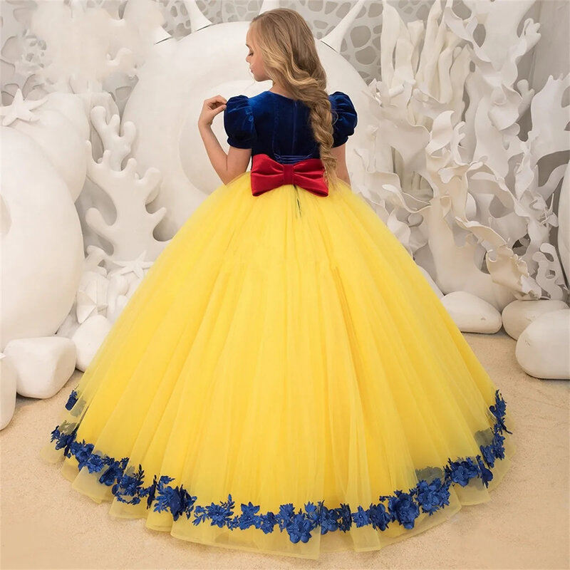 Elegancka aksamitna dziewczęca sukienka w kwiaty dla ślubny tiul bufiasta aplikacja z kokardą księżniczka dziecko pierwsza sukienka na przyjęcie urodzinowe eucharystyczna
