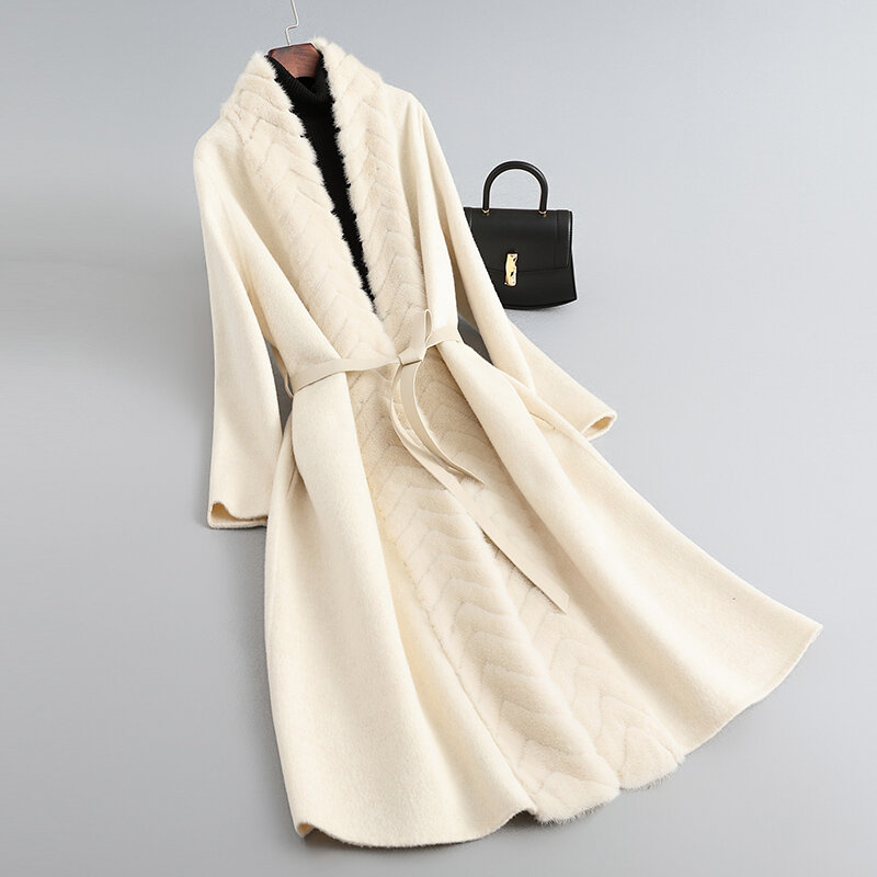 Pudi-Manteau d'hiver en laine véritable pour femme, veste chaude pour femme, col en fourrure de vison véritable, nouvelle mode, CT358, 2023