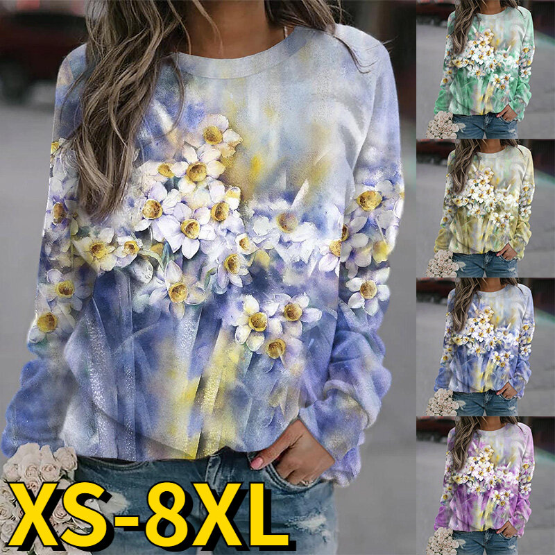 2022 camisola de impressão floral outono inverno feminino em torno do pescoço solto tamanho t moda casual manga longa elegante solto pulôver