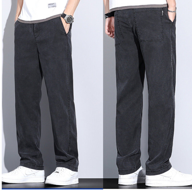 2024 летние тонкие мягкие мужские джинсы из лиоцелловой ткани, свободные прямые широкие брюки, повседневные брюки с эластичным поясом