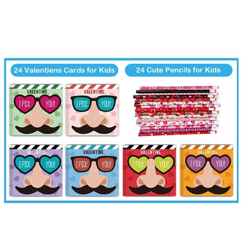 Funny Nose Picking Valentines Day Gifts Set For Kids - 24 Valentines Day Cards & 24 Pencils Set - I Pick You Mustache Glasses