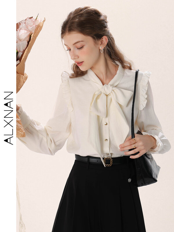 ALXNAN-Camisa feminina de temperamento branco, borda fungo, gola curva virada para baixo, manga plissada, blusa casual, primavera, 2022, TM00232